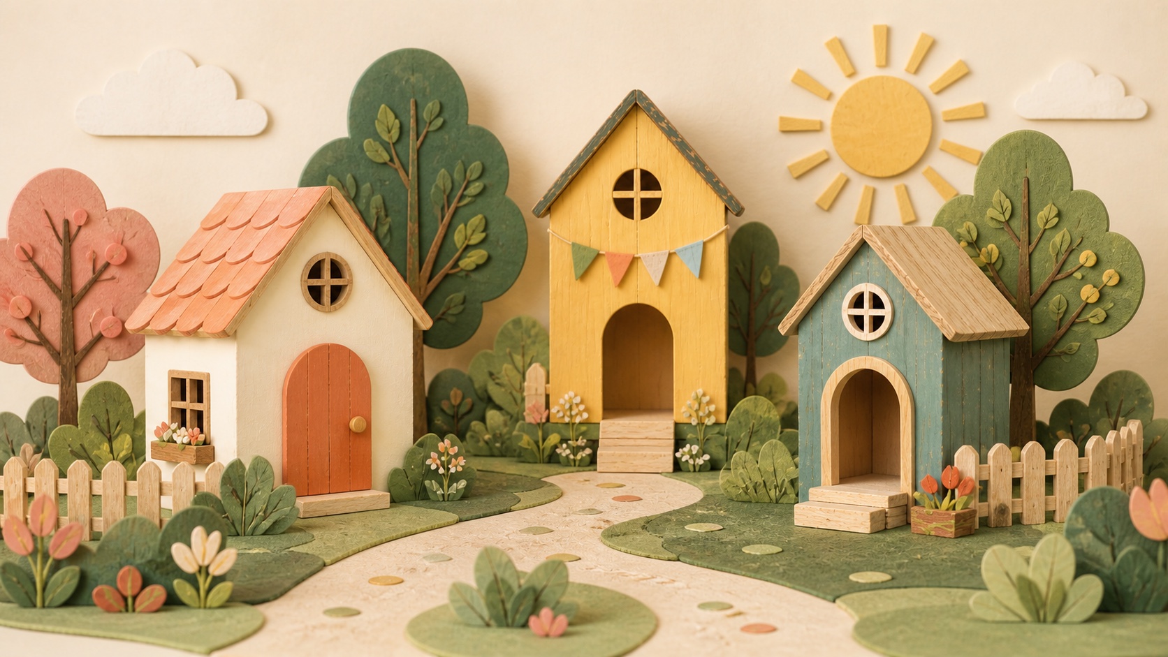 A handcrafted miniature neighborhood of warm, colorful play houses